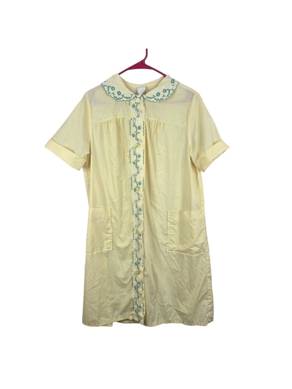 Vintage 60s Yellow Embroidered House Dress Size M Pockets Button-Up Short Sleeve